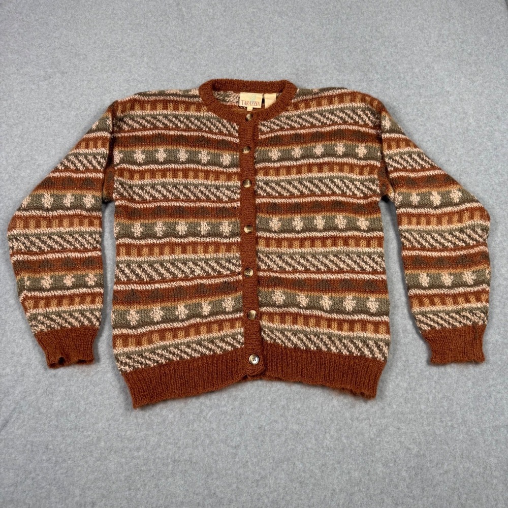 Tarazzia Vintage Fair Isle Mohair Blend Cardigan Sweater Brown Green Metallic M